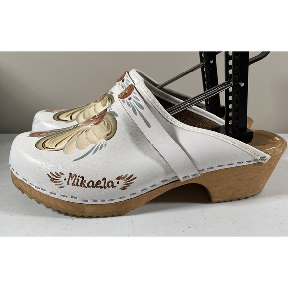 SKANE TOFFELN Sweden Floral Painted Leather Wood Clogs Shoes Womens Size 41 - Picture 7 of 13